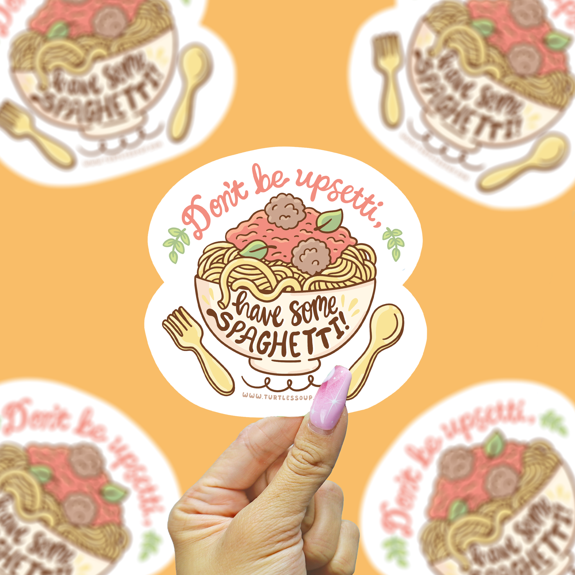 Sticker with 'Don't be upsetti, I have some spaghetti!' text on a yellow background with multiple stickers.