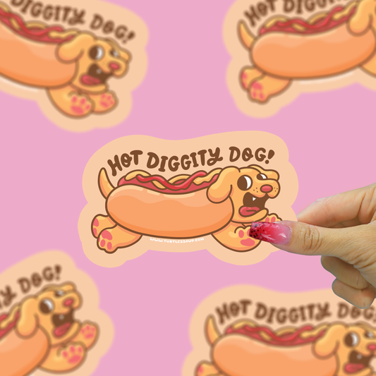 Cartoon hot dog with 'Hot Diggity Dog!' text on a pink background, with a hand holding one of the stickers.