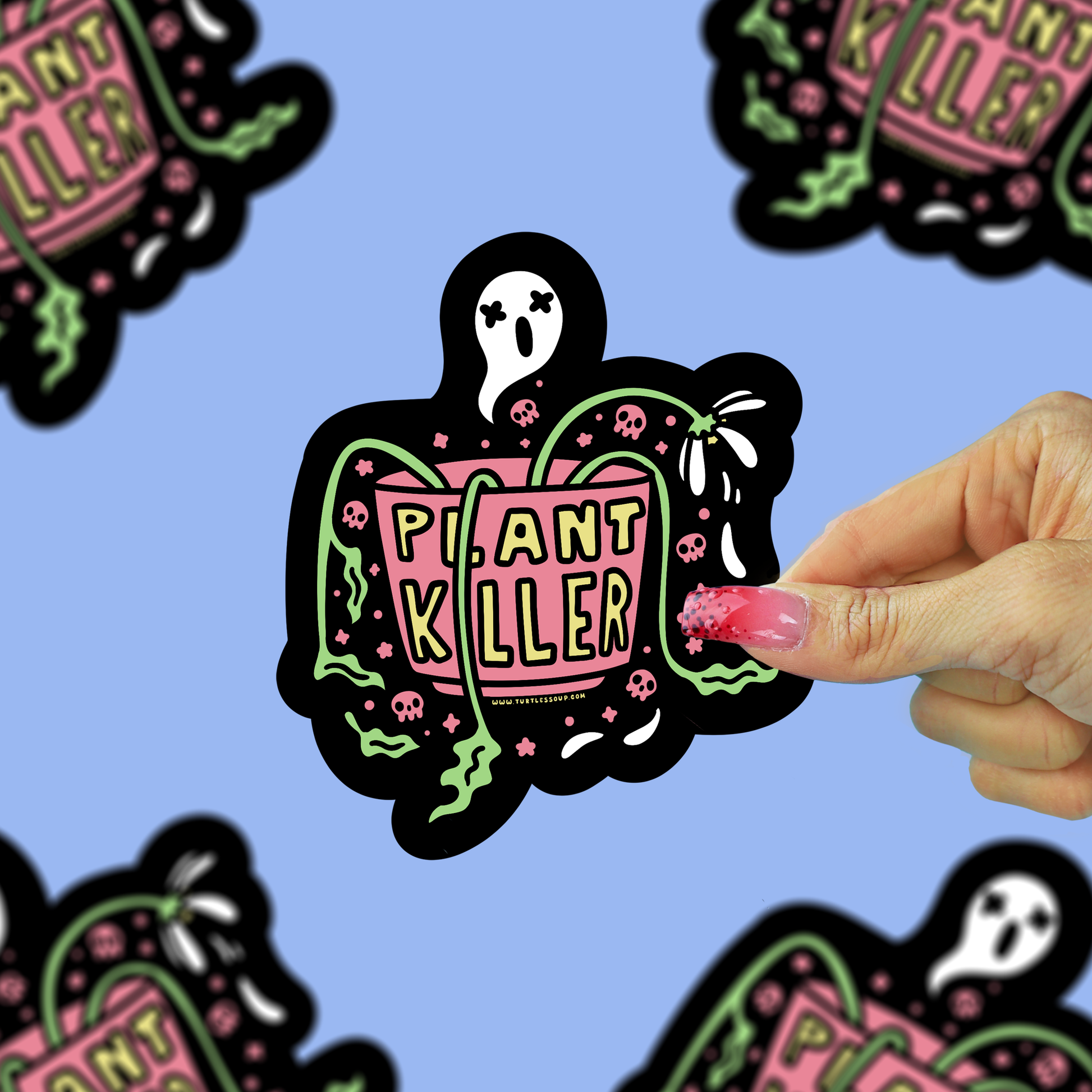 a vinyl sticker of a dead plant with a ghost coming out of the pot being held up against a blue background.