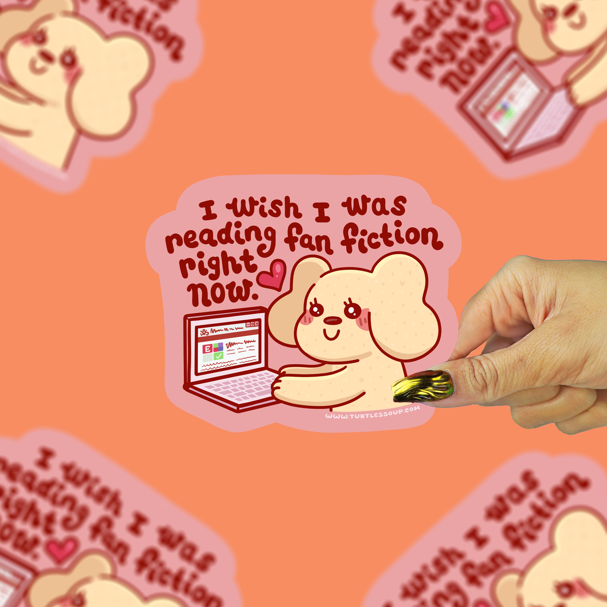 A vinyl sticker that says I wish I was reading fan fiction right now of a puppy being held against an orange background. 