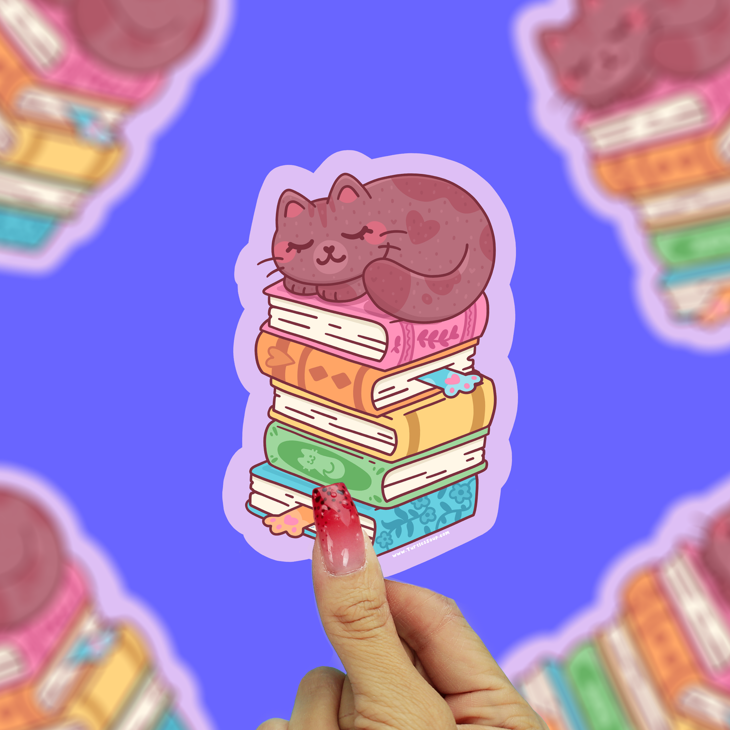 Bookstack Kitty Sleeping on Books Cute Bookish Vinyl Sticker