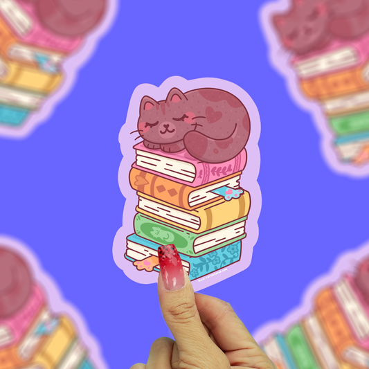 Bookstack Kitty Sleeping on Books Cute Bookish Vinyl Sticker