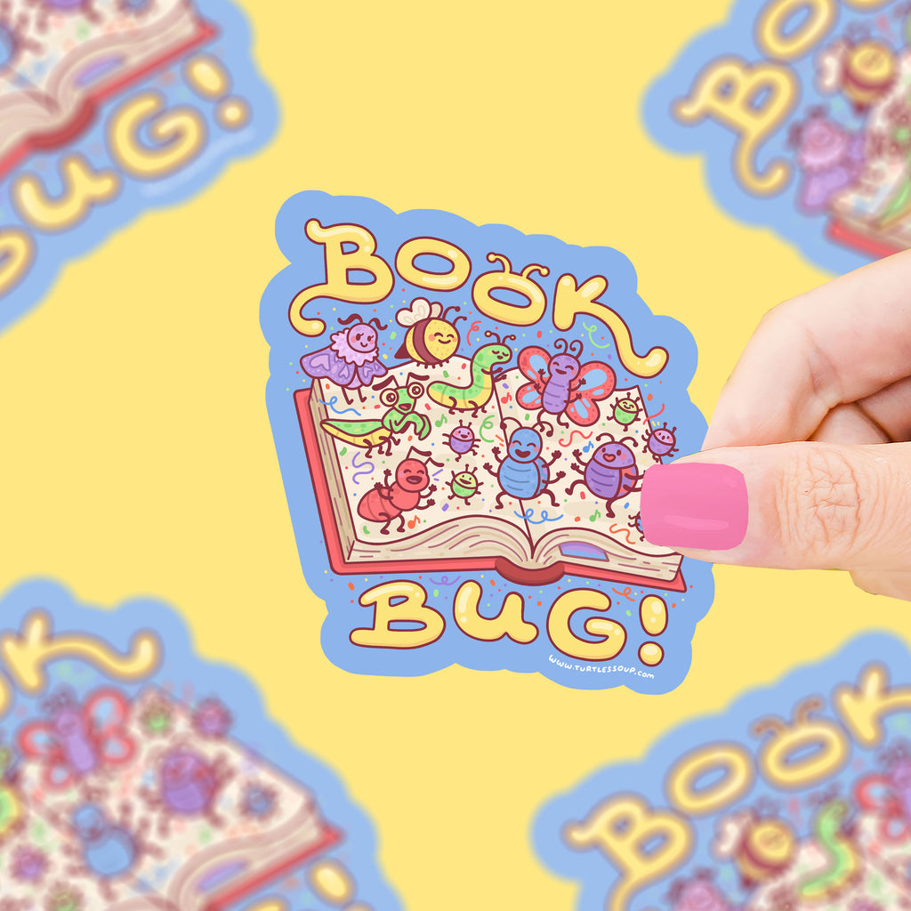 An open book with different cute bugs dancing together with confetti. Text says "Book Bug"