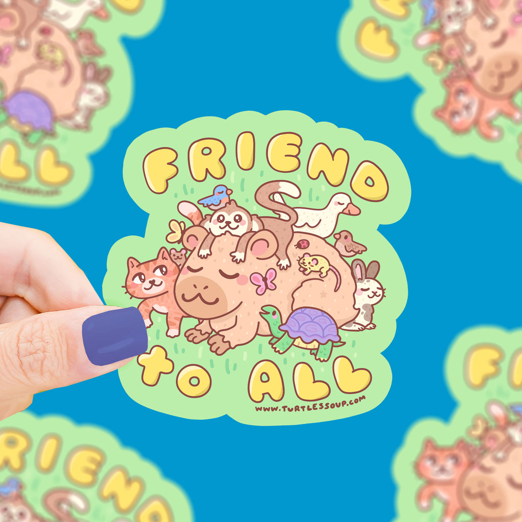 A happy sleeping capybara surrounded by many tiny animals with the text "friend to all"