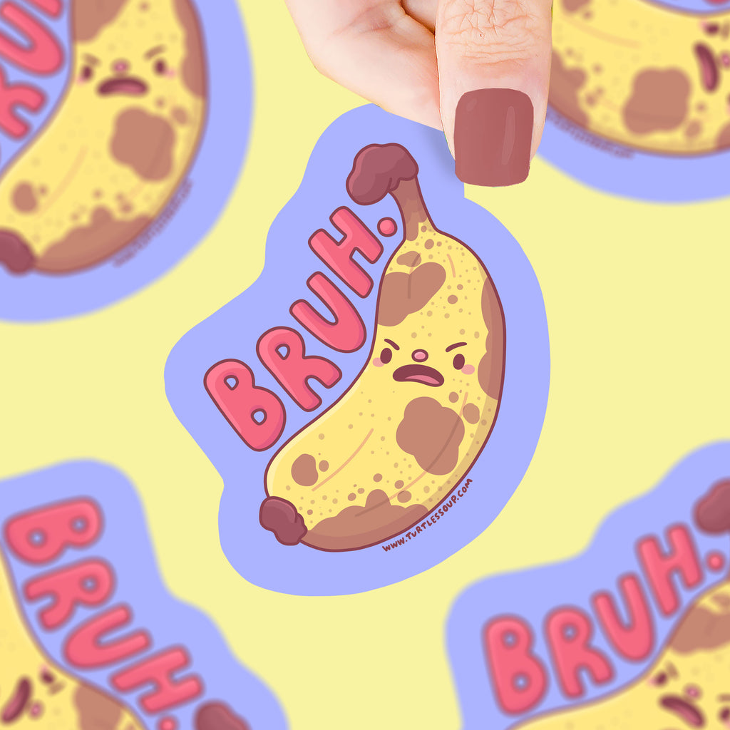A very bruised, angry banana with the text "bruh"