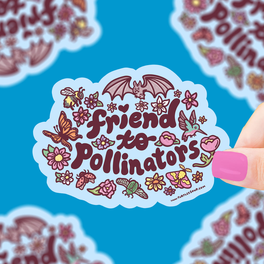 Text that says "friends to pollinators' surrounded by butterflies, bees, hummingbirds, and bats
