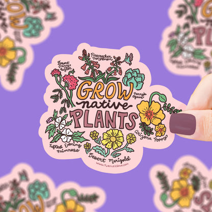 Text says "grow native plants" surrounded by wild flowers with their names