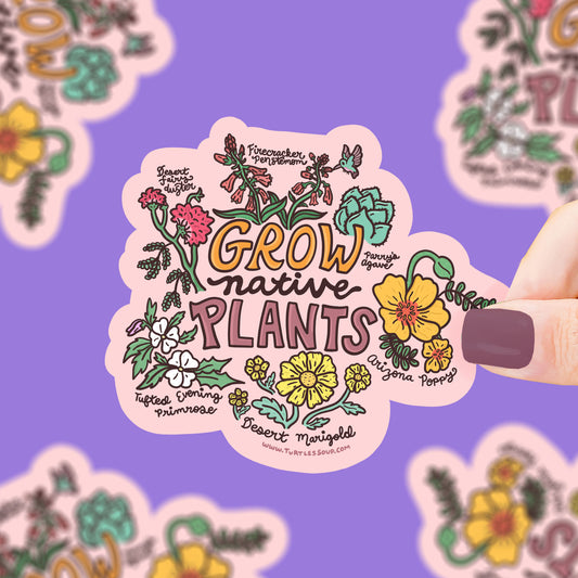 Text says "grow native plants" surrounded by wild flowers with their names