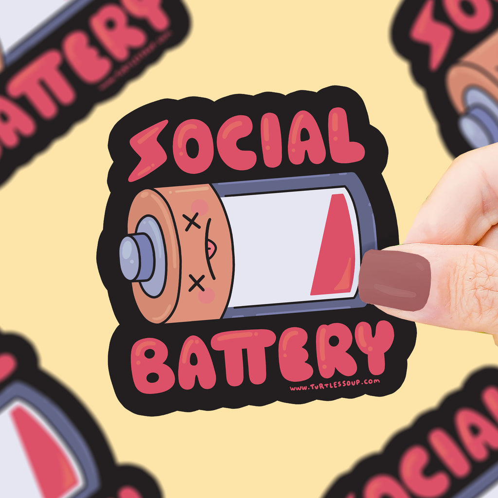 An empty battery with a dead expression, text says 'social battery'