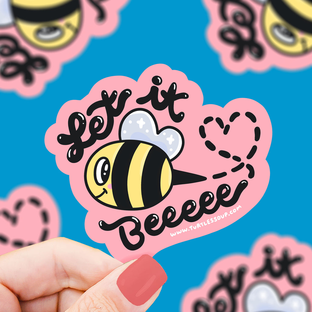 A happy honeybee with a dashed flight path in the shape of a heart. Text says 'let it beeeee'