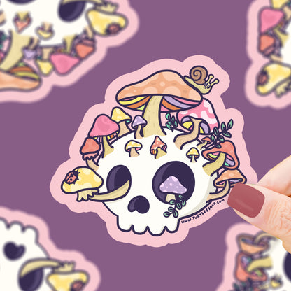 A skull with mushrooms growing form the top