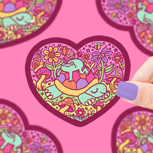 Sleepy Turtle and Frog Heart Valentines Vinyl Sticker
