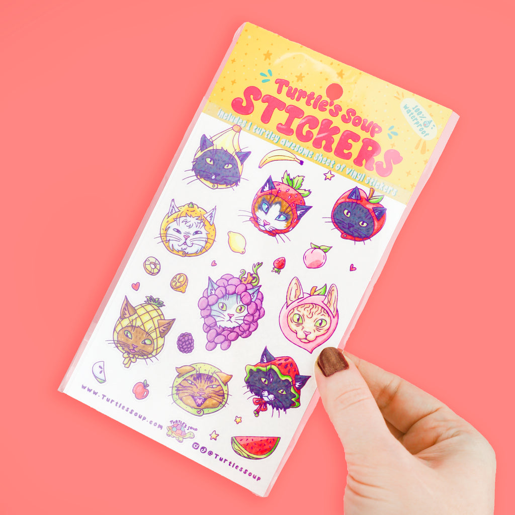 Glitter Fruit Hat Kitty Faces Sticker Sheet, Stationery Stickers, Journaling Sticker Art, Fruit Sticker Art