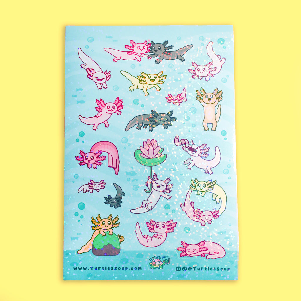 Axolotl Glitter Sticker Sheet, Waterproof Scrapbooking Stickers, Planner Sticker Sheet, Kawaii Axolotls, Stickers for Journaling, Cute Deca