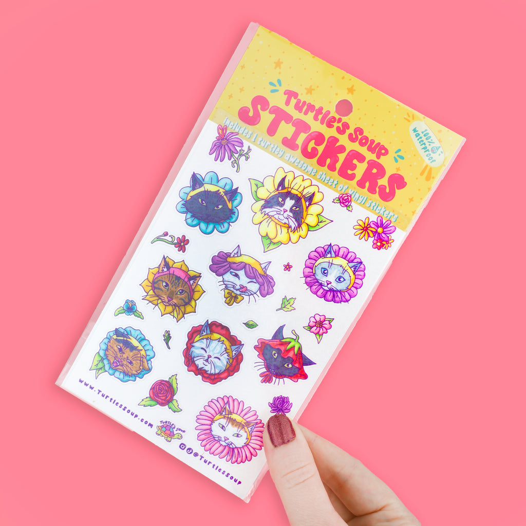 Flower Hat Kitties Sticker Sheet, Flower Cat Stickers, Glitter Kitty Sticker Sheet, Planner and Journal Stickers, Sticker Sheet Art