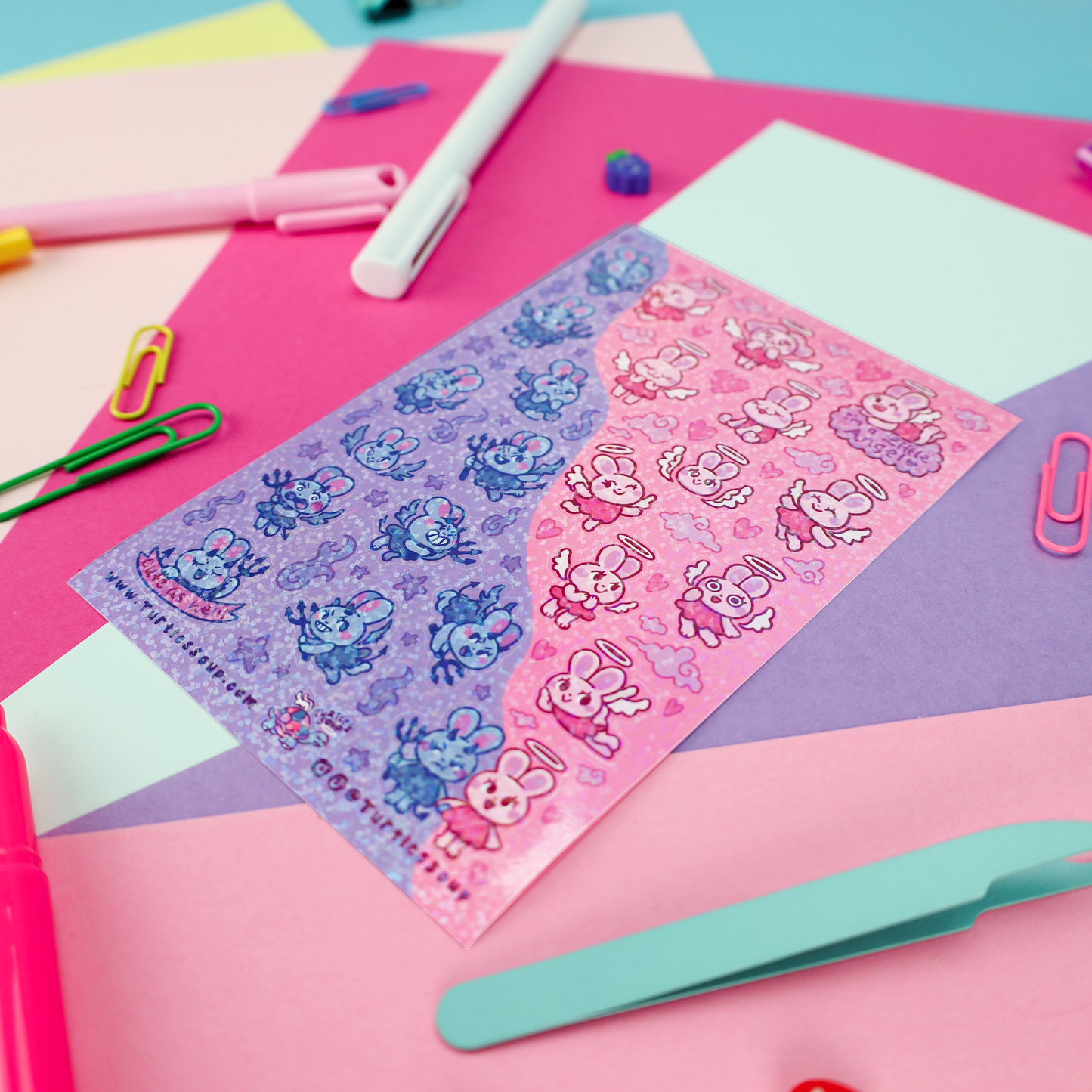 Kawaii Angel and Devil Bunny Rabbits Glitter Sticker Sheet