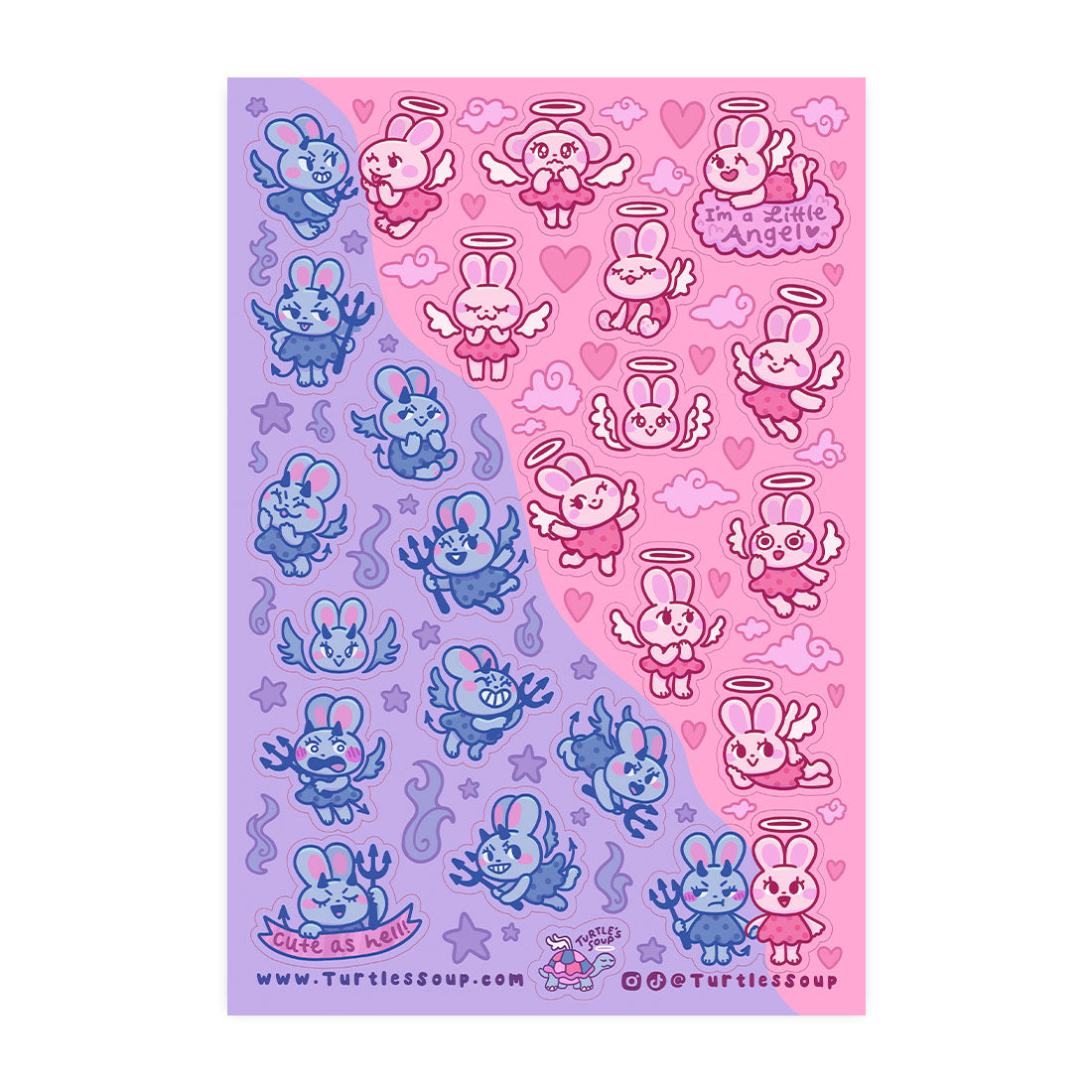 Kawaii Angel and Devil Bunny Rabbits Glitter Sticker Sheet
