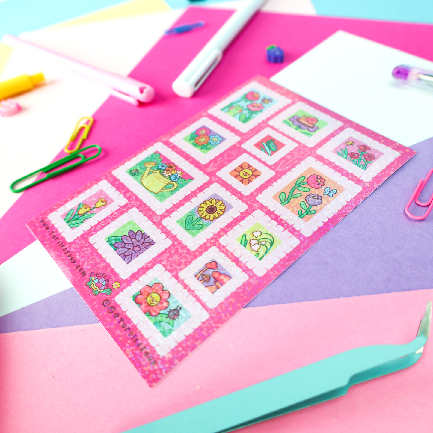 Floral Postage Stamp Seals Deco Glitter Sticker Sheet