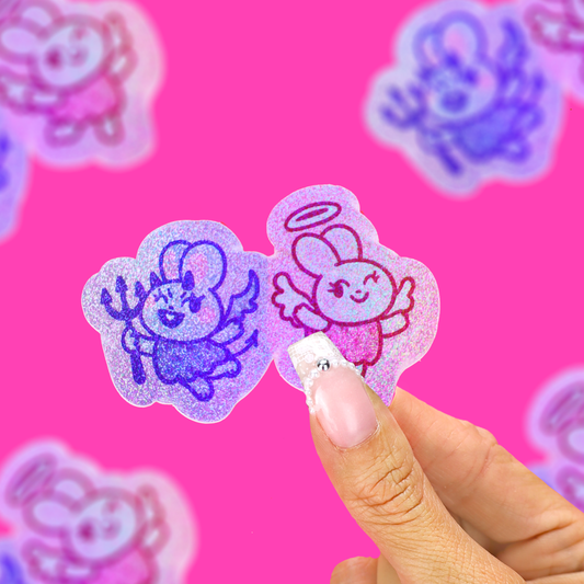 angel and devil little bunnies vinyl sticker with shimmer.