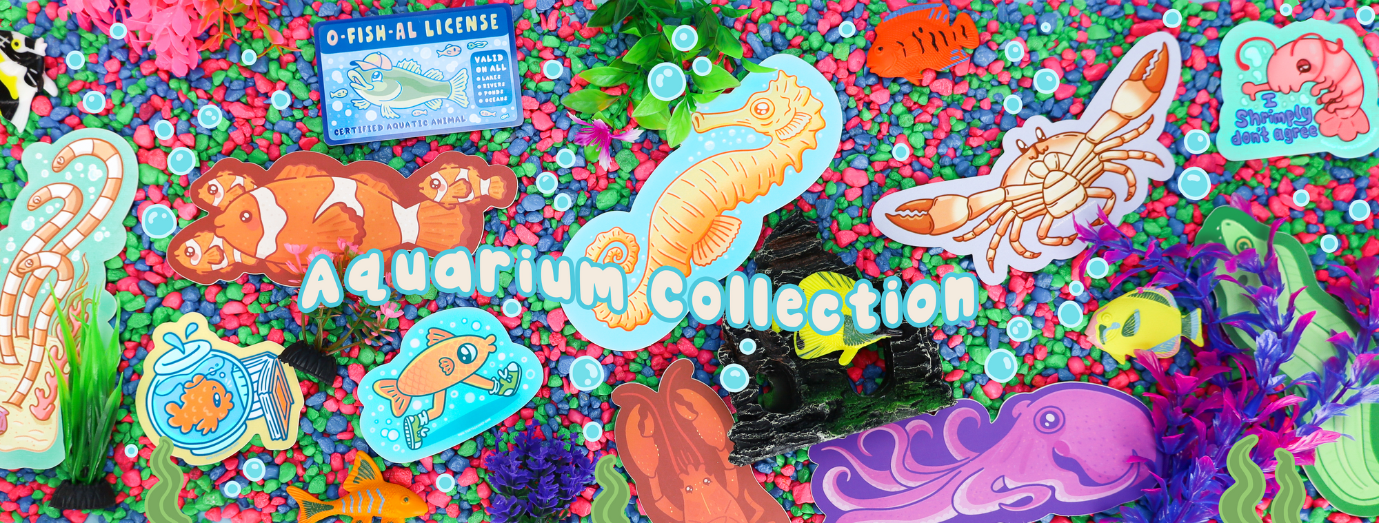 Different fish and ocean themed products including bookmarks and fish related vinyl stickers. Crab Bookmark, Octopus Bookmark, Clownfish bookmark, cute fish with legs vinyl sticker