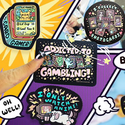 Collection of colorful card-style art with humorous text and graphics on a vibrant background.