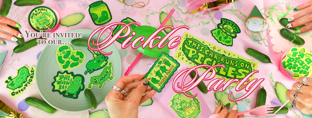 A festive pink and green invitation-style graphic for a 'Pickle Party' featuring St. Patrick's Day themed pickle decorations, pickled cucumbers, shamrock cutouts, and hands arranging green pickle-shaped ornaments on a light pink surface.