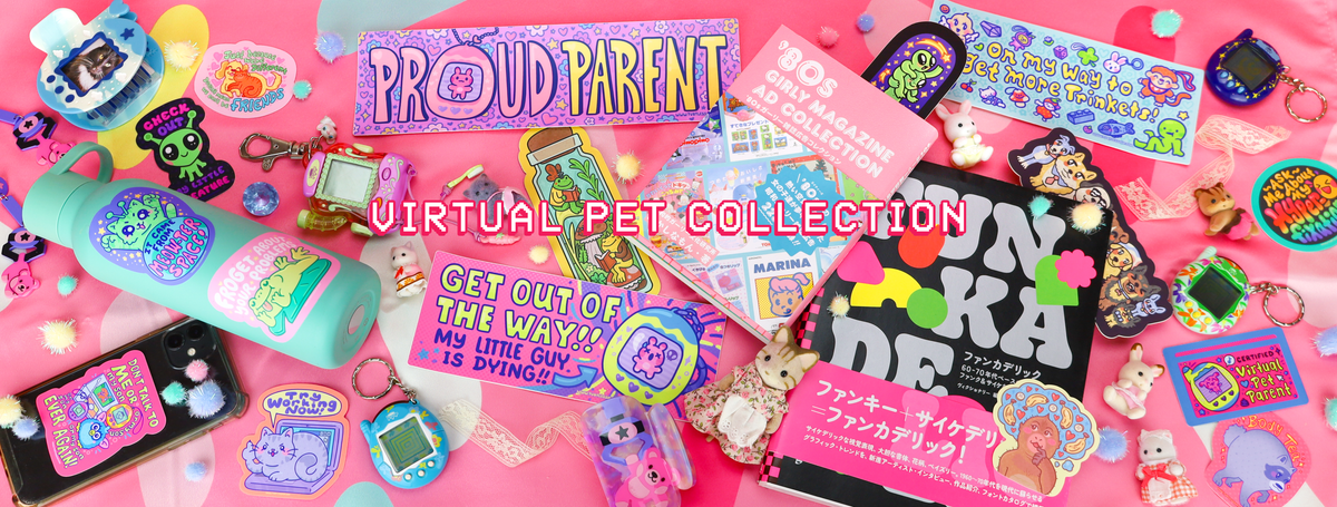 A vibrant and crowded flat-lay display of various Tamagotchi-themed merchandise, including a turquoise Tamagotchi egg, a pink water bottle, a black Tamagotchi keychain, and multiple colorful stickers, patches, and accessories, all arranged on a pink background with 'PROUD PARENT' and 'VIRTUAL PET COLLECTION' text overlays.