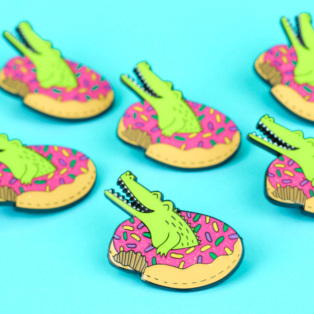 Alligator Enamel Pin, Crocodile, Pool Party, Lapel Pins, Donut Pin, Holiday Gifts, For Her, Best Friend Gift, Denim Jacket Pin, Swimming Pin