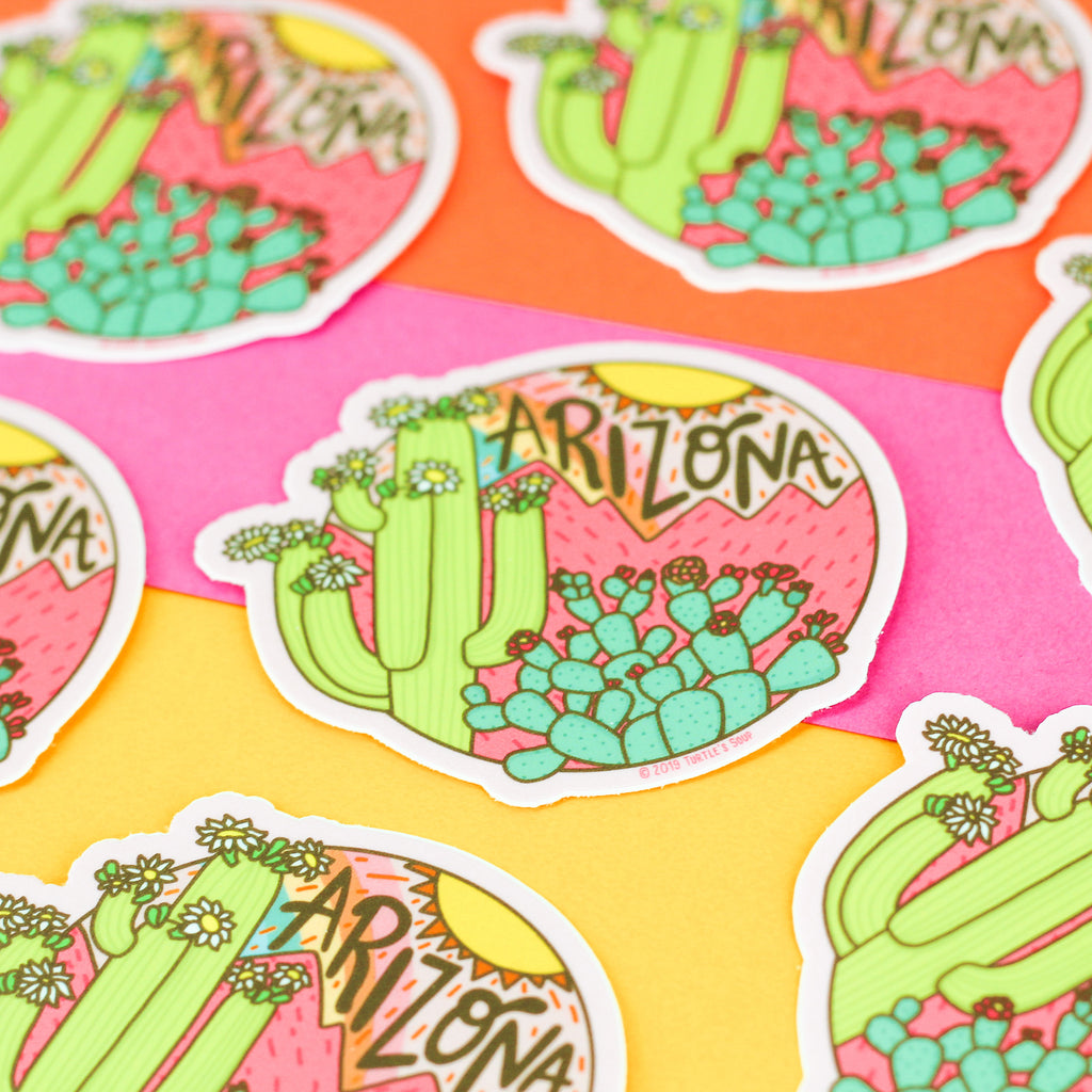 Arizona Sunset Decal, Laptop Stickers, Cacti, Prickly Pear, Sunrise, Blooming Flowers, Hand Lettered, Vinyl Sticker, AZ Love, Desert Sticker