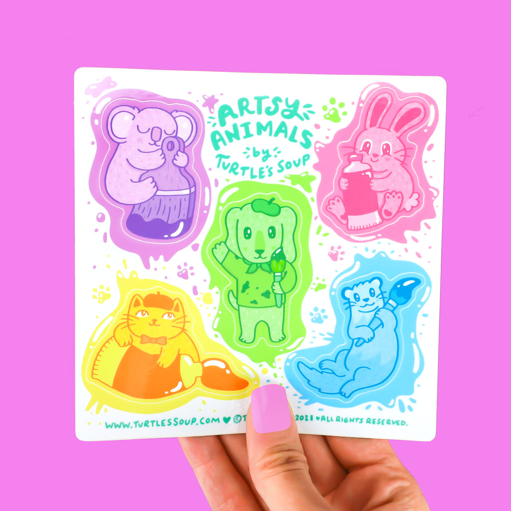 Artsy-Animals-Sticker-Sheet-Cute-Little-Animals-Painting-Pallet-Koala-Kitty-Puppy-Bunny-Otter-Adorable-Animals-Art-Turtles-Soup-Art-Student-Funny-Cute