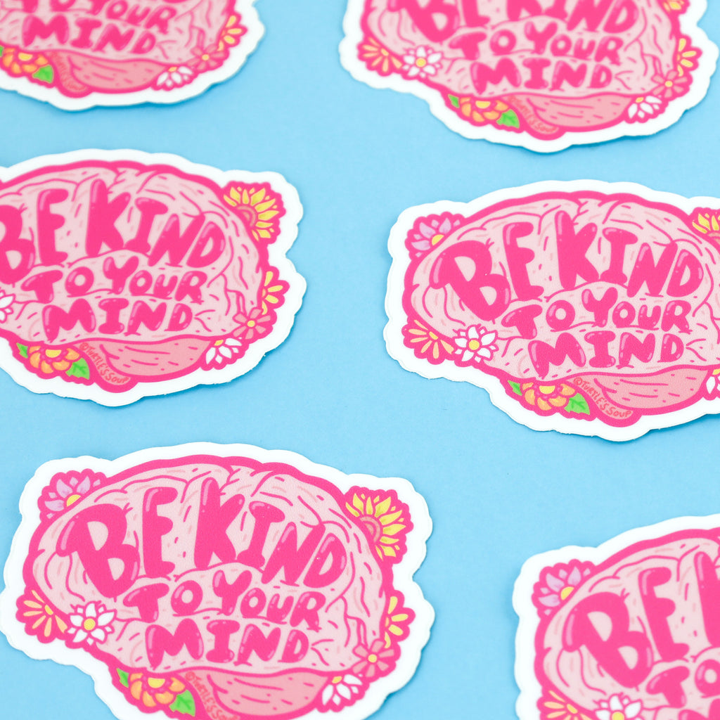 Be-Kind-To-your-Mind-Vinyl-Sticker-by-Turtles-Soup-Brain-Cute-Floral-Decal-for-Laptop-Mental-Health-Sticker-Self-Care