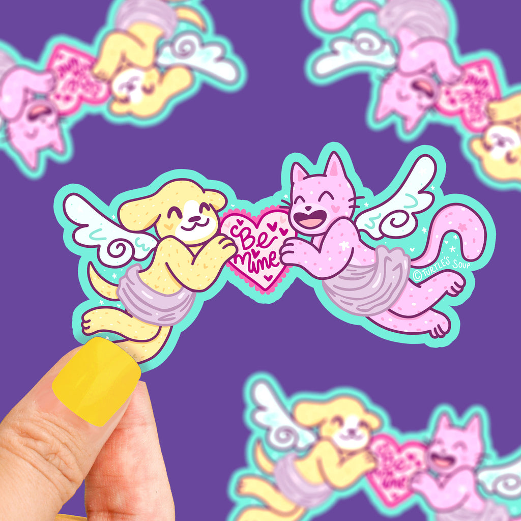 Be-mine-cute-kitty-puppy-cat-dog-cupid-sticker-decal-valentines-day-sticker-art-cute-stickers-by-turtle-soup-turtlessoup-turtles-soup-animal-stickers