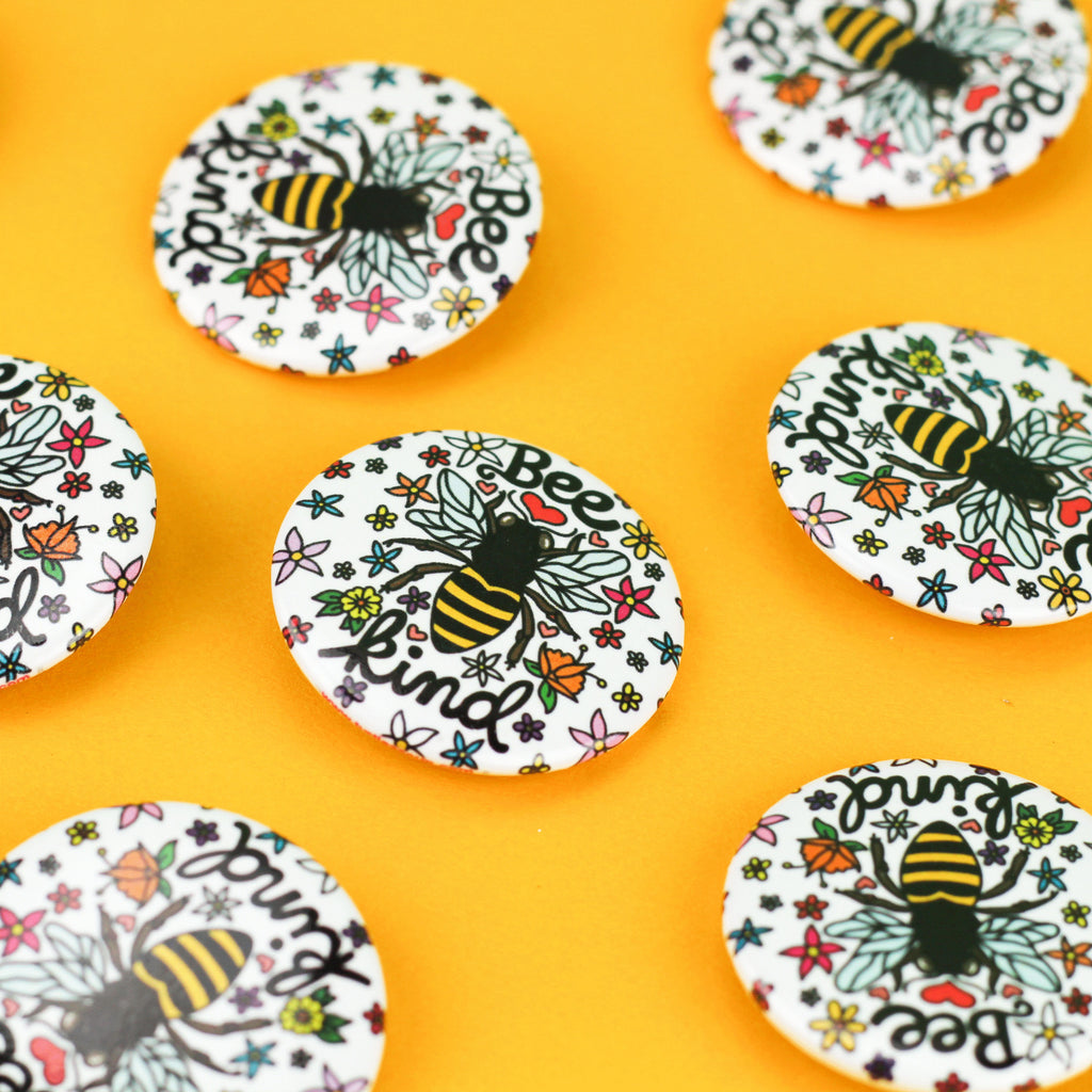 Bee Kind Badge, Pinback Button, Be Kind, Save The Bees, Illustration, Honey Bee, Black, Cute Gift, Yellow, Hornet, Floral Pattern, Flowers