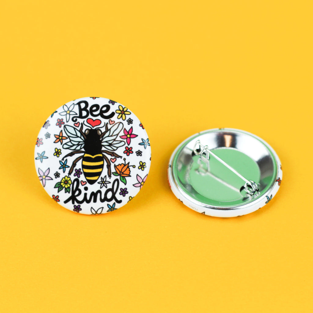 Bee Kind Badge, Pinback Button, Be Kind, Save The Bees, Illustration, Honey Bee, Black, Cute Gift, Yellow, Hornet, Floral Pattern, Flowers