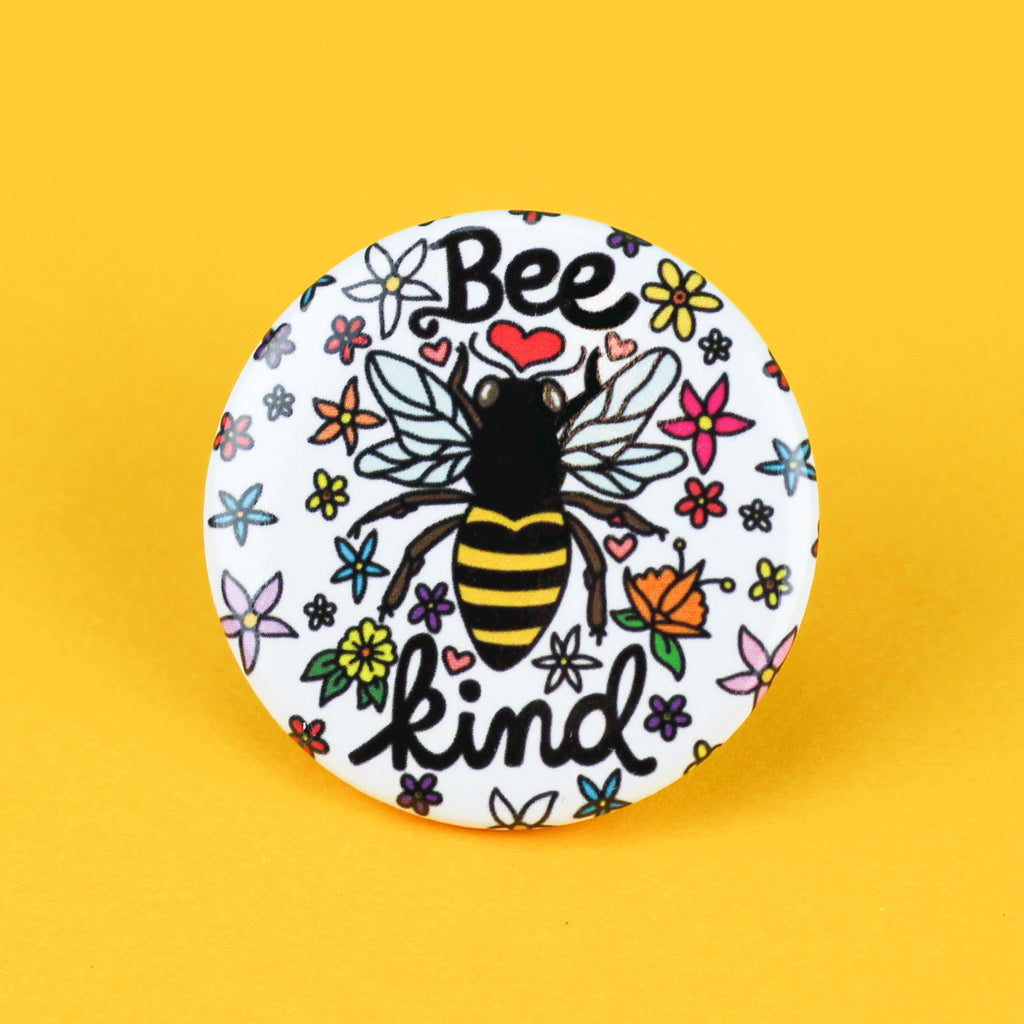 Bee Kind Badge, Pinback Button, Be Kind, Save The Bees, Illustration, Honey Bee, Black, Cute Gift, Yellow, Hornet, Floral Pattern, Flower