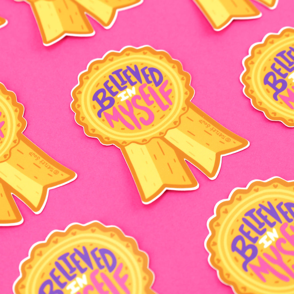 Believed-in-Myself-Ribbon-Self-Congratulations-Vinyl-Sticker-Gold-Ribbon-Decal-for-Water-Bottle-Laptop-by-Turtles-Soup