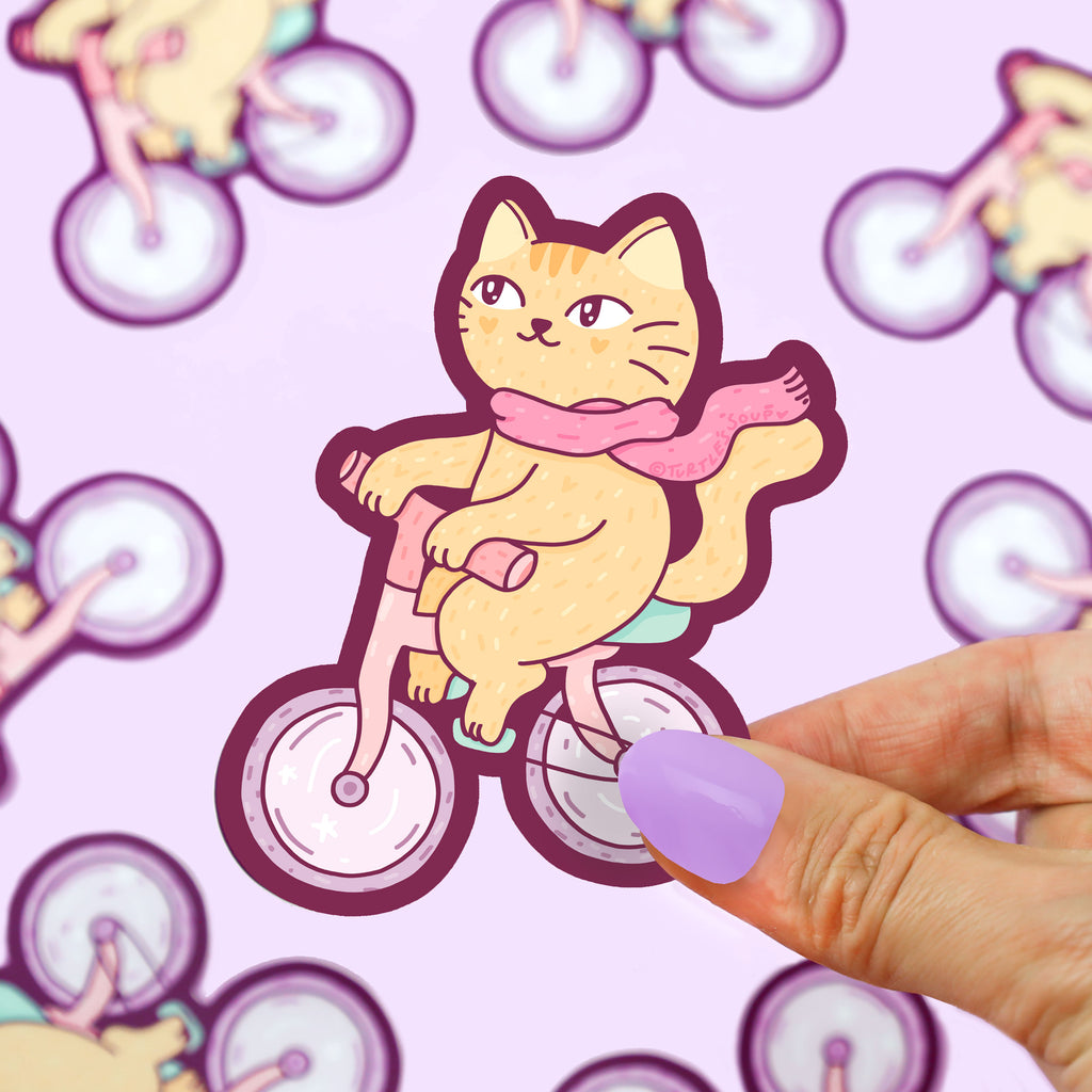 Bicycle-Kitty-Cat-Vinyl-Sticker-Cute-Sticker-Art-by-Turtles-Soup-Cat-On-Bike-Drawing-Funny-Animal-Decal-for-Waterbottle-Laptop-Car-Journal-Athletic-Animal
