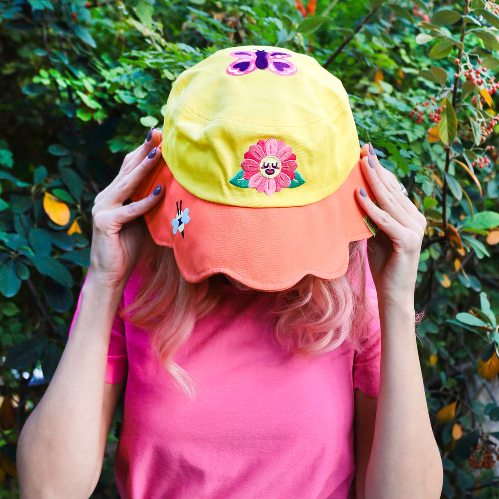 bucket hat by turtles soup with flower embroidery bees butterflies garending hat