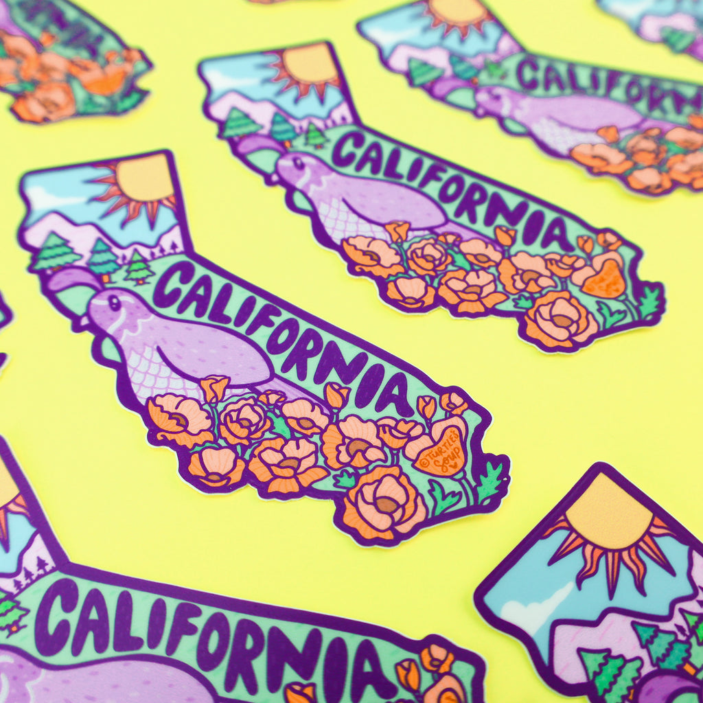 California-Poppies-Sticker-Quail-State-Bird-Cali-Sunshine-Decal-By-Turtles-Soup-Sunny-California-Sticker-Waterproof-for-Waterbottle-Laptop.