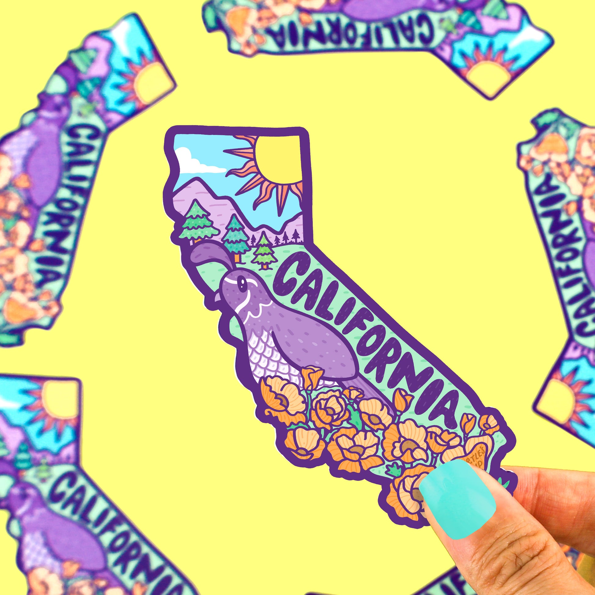 California-Poppies-Sticker-Quail-State-Bird-Cali-Sunshine-Decal-By-Turtles-Soup-Sunny-California-Sticker-Waterproof-for-Waterbottle-Laptop.