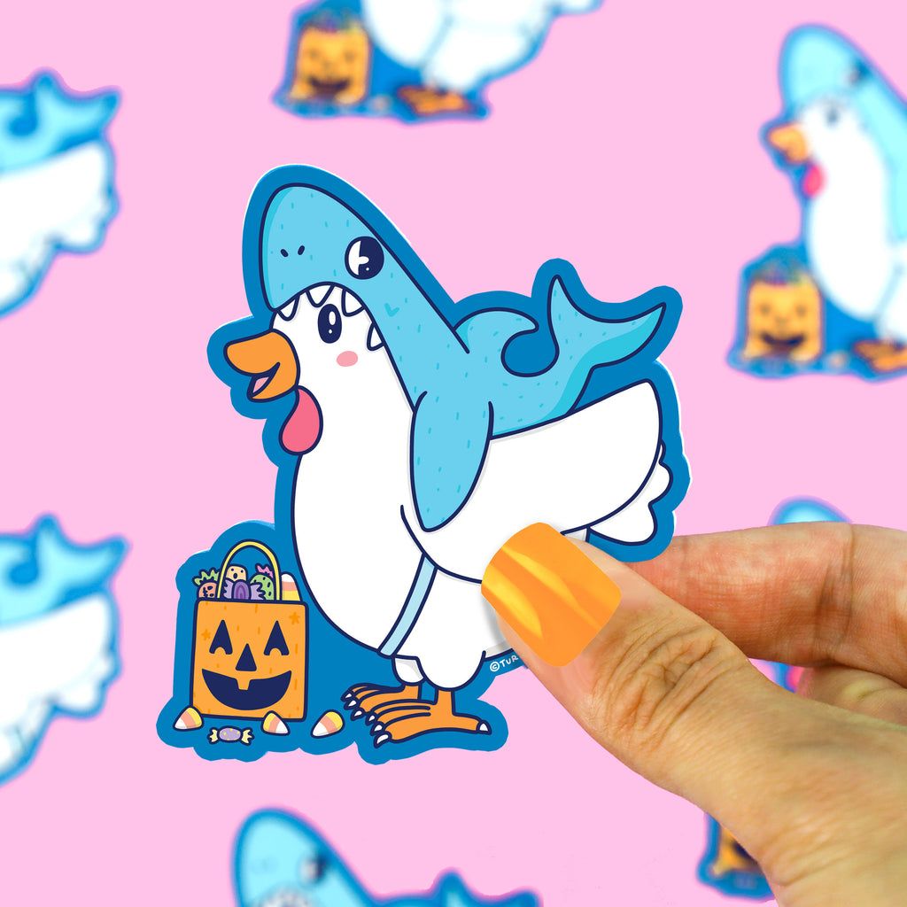 Chicken-Shark-Halloween-Buddies-Costume-Funny-Sticker-by-Turtles-Soup-Trick-or-Treater-Pumpkin-Cute-Sticker-Art-Chicken