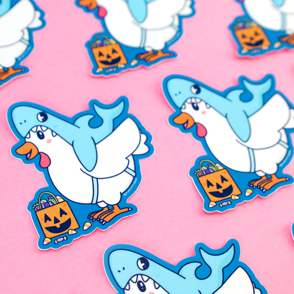 Chicken-Shark-Halloween-Buddies-Costume-Funny-Sticker-by-Turtles-Soup-Trick-or-Treater-Pumpkin-Cute-Sticker-Art