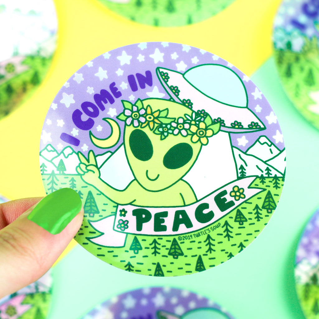 Come-In-Peace-Alien-Holographic-UFO-Vinyl-Sticker