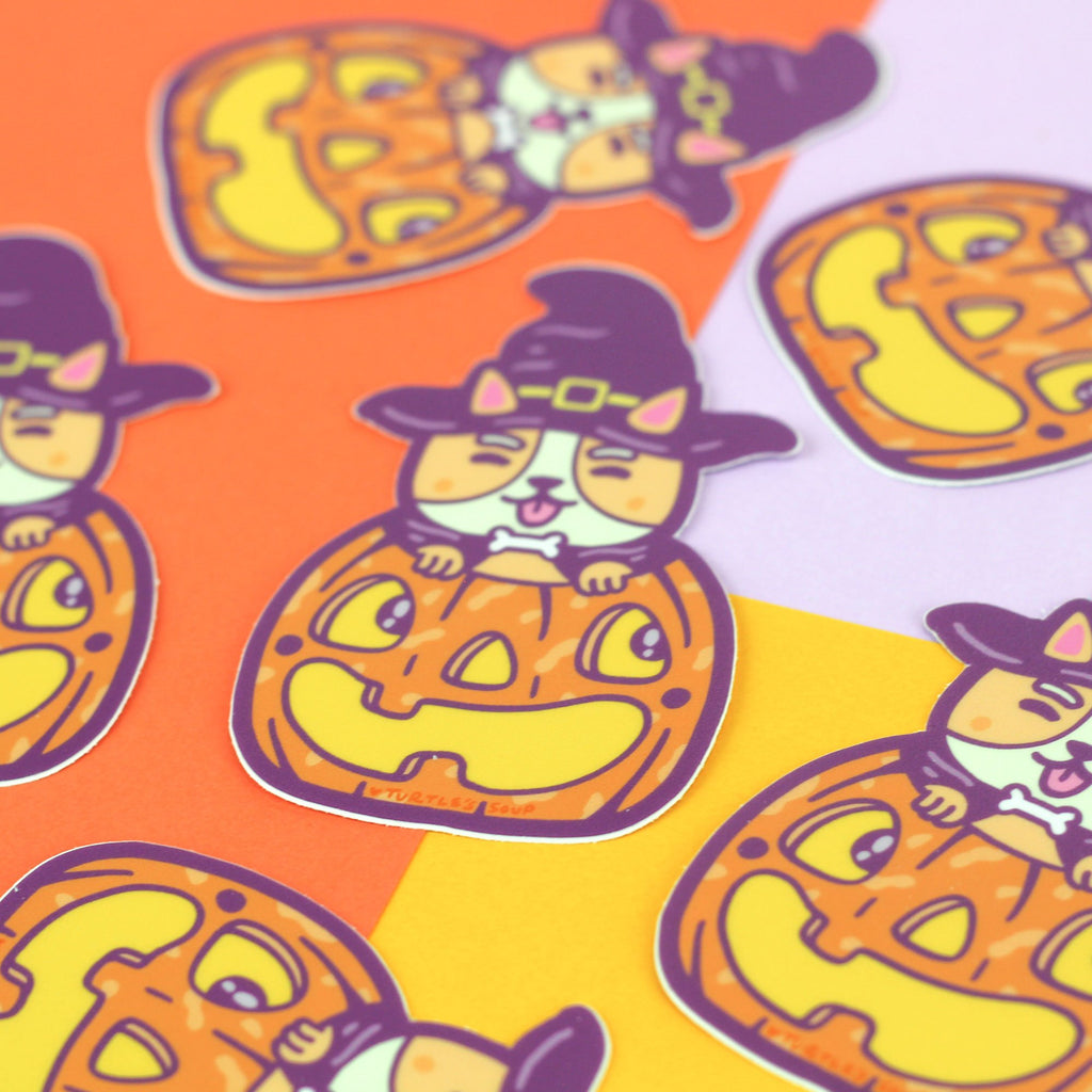 Corgi Halloween Pumpkin Sticker, Vinyl Stickers, Dog Lover, October, Fall, Autumn, Puppy, Laptop Stickers, Water Bottle Stickers