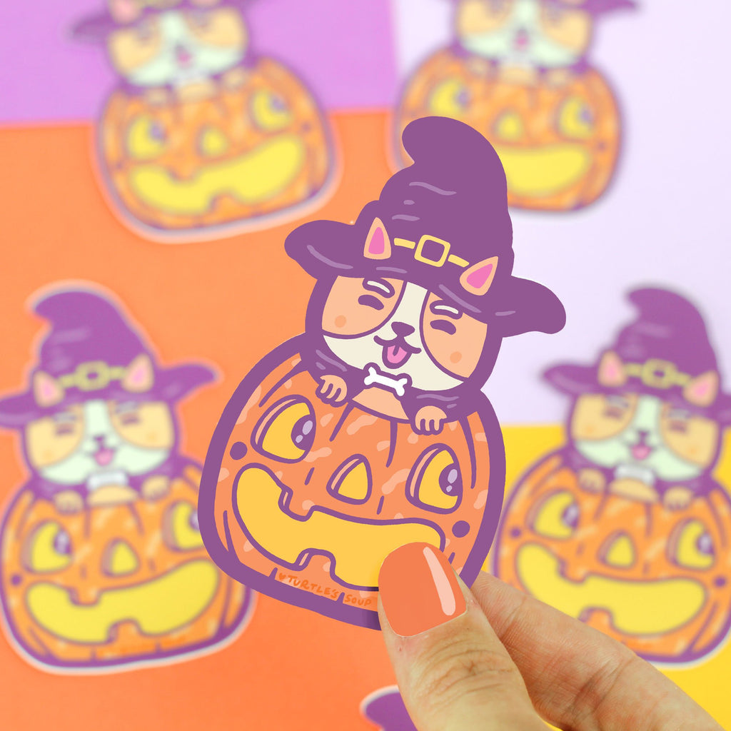 Corgi Halloween Pumpkin Sticker, Vinyl Stickers, Dog Lover, October, Fall, Autumn, Puppy, Laptop Stickers, Water Bottle Stickers