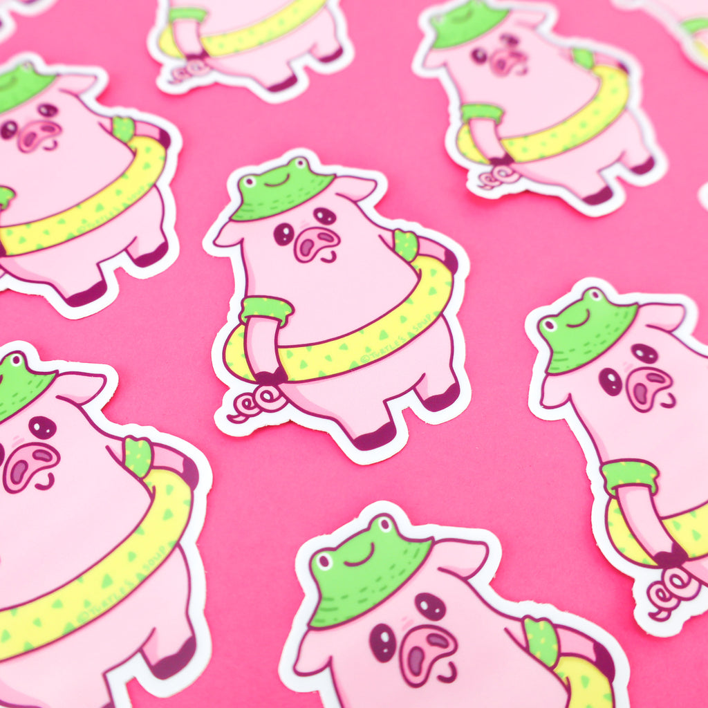 Cute-Pig-Sticker-Piggy-Beach-Day-Decal-Adorable-Kids-Sticker-Frog-Hat-Sunny-Day-Sticker-For-Water-Bottle-Laptop-Phone-Waterproof-High-Quality-Art-by-Turtles-Soup