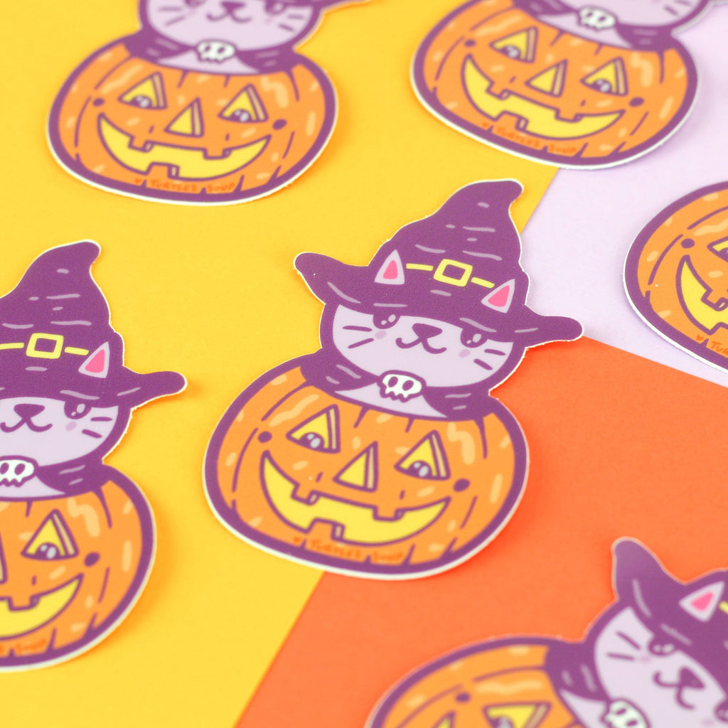 Cute Pumpkin Kitten Halloween Vinyl Sticker, Kitty Witch, Cat Lover, Laptop Decals, Water Bottle Stickers, Jack o lantern, Art