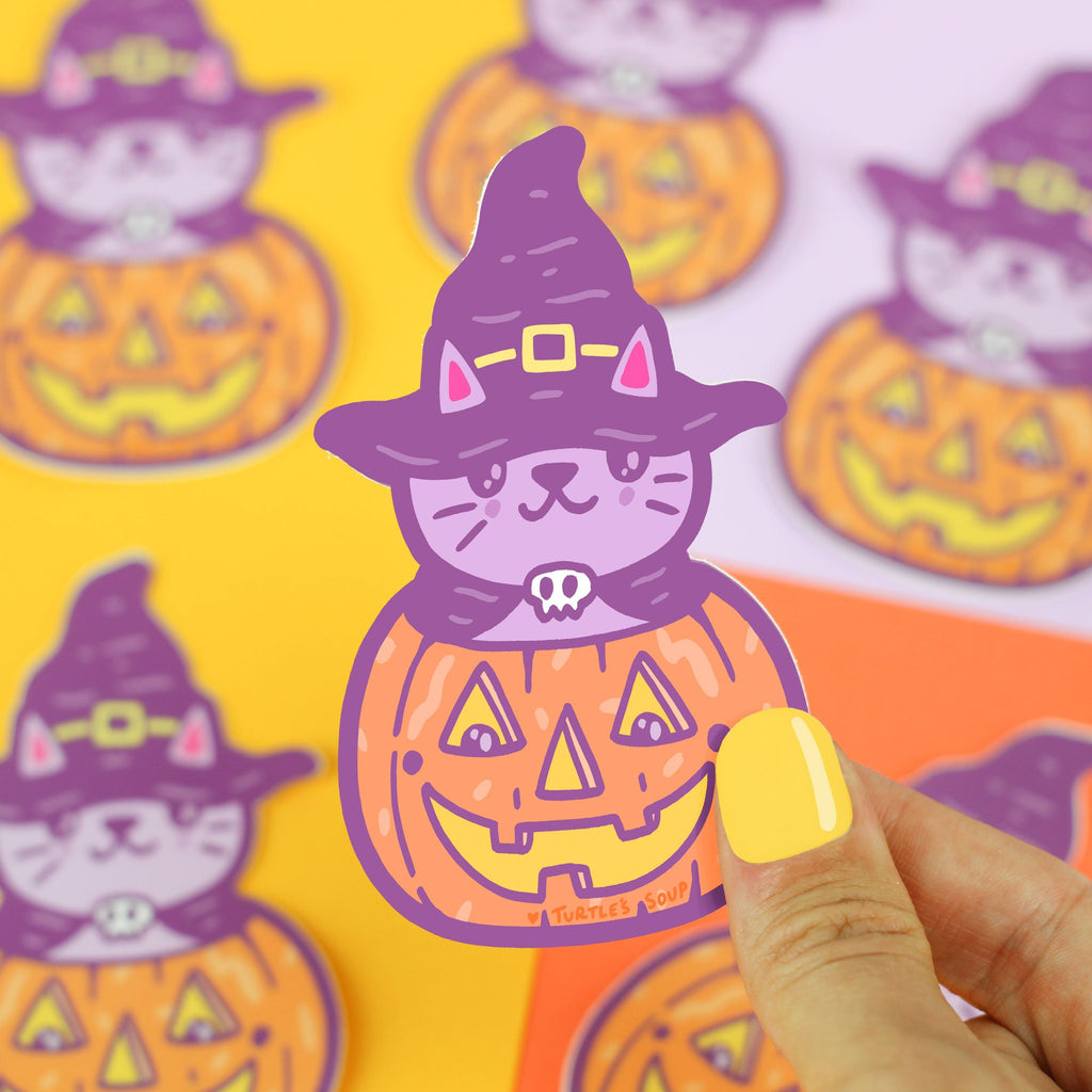Cute Pumpkin Kitten Halloween Vinyl Sticker, Kitty Witch, Cat Lover, Laptop Decals, Water Bottle Stickers, Jack o lantern, Art