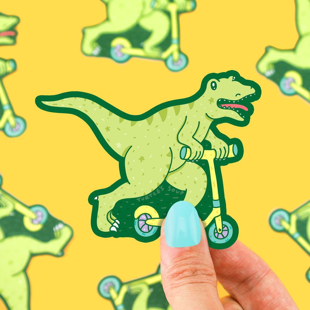 Dinosaur-Trex-Tyrannosaurus-Riding-Scooter-Sticker-Decal-Vinyl-Best-Dino-Ever-Funny-Sticker-By-Turtles-Soup-Athletic-Animal-Sports-Theropod-Fast.