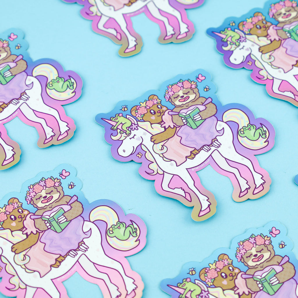 enchanted-bear-sloth-unicorn-frog-magical-forest-cute-art-holographic-decal-stickers-adorable-turtles-soup